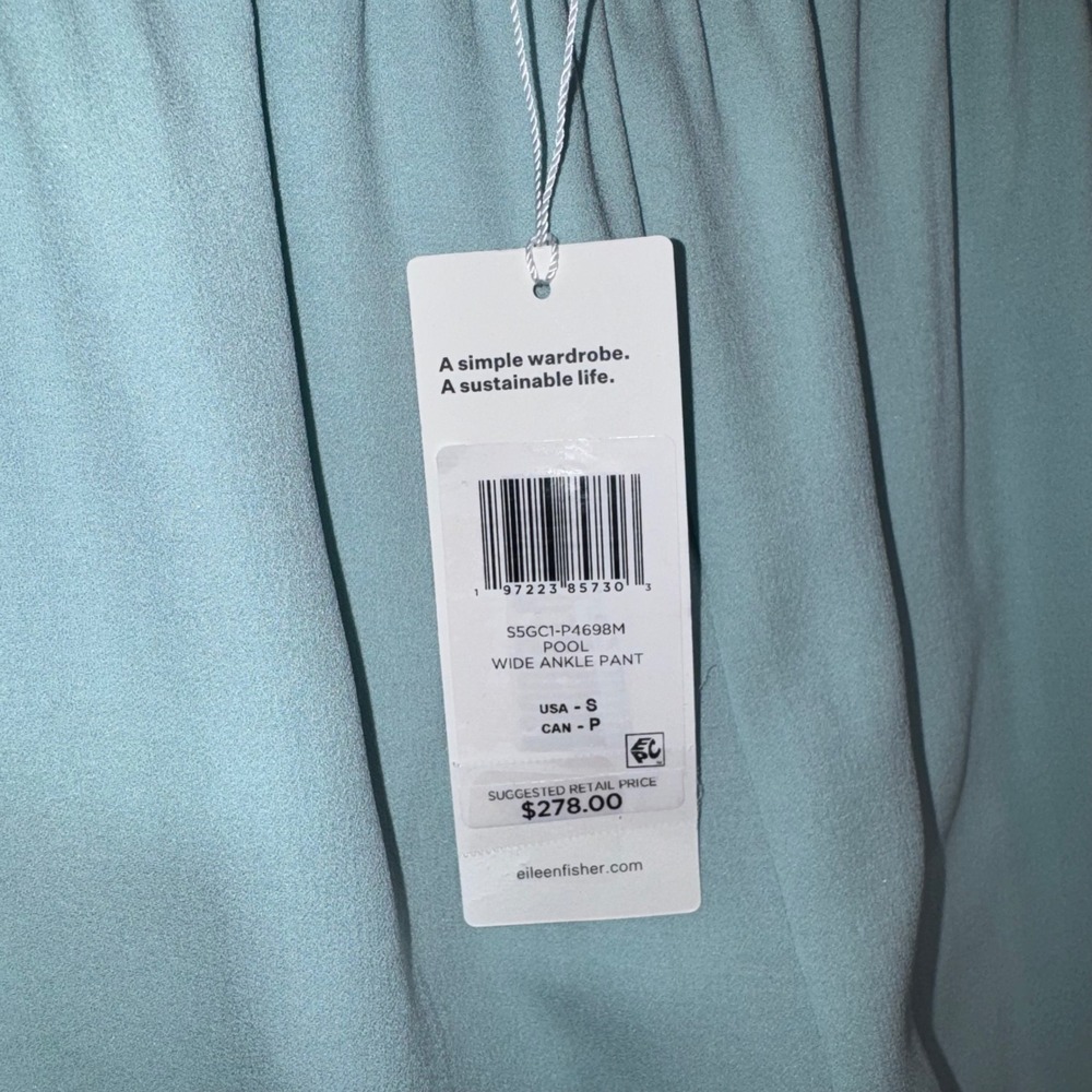 Eileen Fisher Silk Georgette Crepe Wide Leg Ankle Pull On Pants Small Pool NEW - Picture 4 of 9